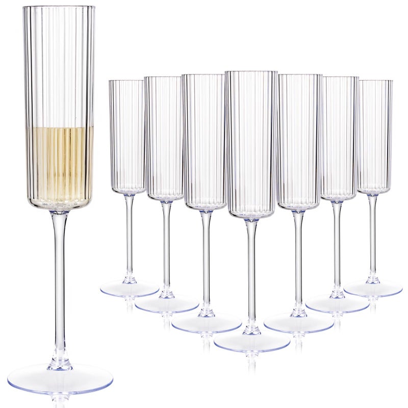 Joyido 36 Pack Clear Plastic Champagne Flutes 6oz Ribbed Disposable Champagne Glasses Clear Vintage Mimosa Glasses with Long Stem Elegant Sparkling Wine Stemware for Weddings Parties